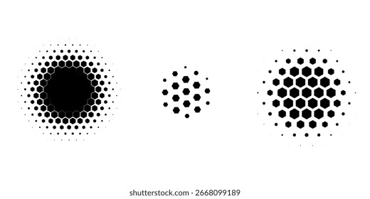 Set of dotted abstract shapes. Hexagonal halftone pattern. Half tone design elements in geometric tech style for logo, banner, web page, print, poster, business cards and template. Vector