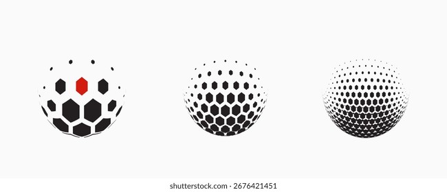 Set of dotted abstract shapes. Hexagonal halftone pattern. Half tone design elements in geometric tech style for logo, banner, web page, print, poster, business cards and template.