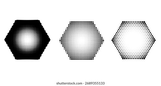 Conjunto de formas abstratas pontilhadas. Padrão de meio-tom hexagonal. Elementos de design de meio tom em estilo técnico geométrico para logotipo, banner, página da Web, impressão, cartaz, cartões de visita e modelo.