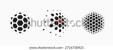 Set of dotted abstract shapes. Hexagonal halftone pattern. Half tone design elements in geometric tech style for logo, banner, web page, print, poster, business cards and template.