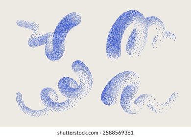 Set of dotted abstract twisted liquid shapes. Wavy grain gradient textured blue lines