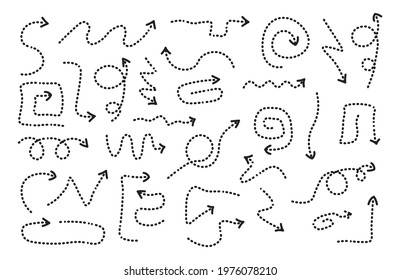 Set of dotted arrow drawn by hand on a white background. Set of black directions pencil sketch. Collection of concept arrows for web design, mobile apps, interface and more. Vector illustration.