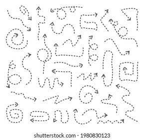 Set of dotted arrow drawn by hand on a white background. Collection of concept arrows for web design, mobile apps, interface and more. Set of black directions pencil sketch. Vector illustration.