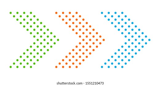 Set of dotted arrows. Arrow icon isolated. Color vector arrows. Halftone arrows to right.