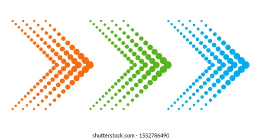 Set of dotted arrows. Arrow icon isolated. Color vector arrows. Halftone arrows to right.