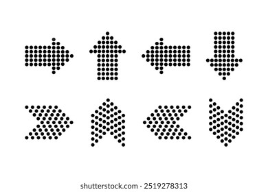 Set of dotted arrows pointing in various directions including right, left, up, and down. Each arrow consists of small black dots forming distinct shapes.