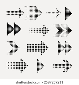 Set of dotted arrows in various styles and directions. Black dotted arrows create dynamic patterns. Perfect for design projects needing dotted arrows. Element vector set.