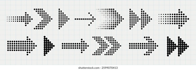 Set of dotted arrows in various styles. Dotted arrows pointing right. Arrows in black dots. Dotted arrow designs on grid background. Directional dotted arrows. Element vector set.