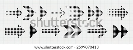 Set of dotted arrows in various styles. Dotted arrows pointing right. Arrows in black dots. Dotted arrow designs on grid background. Directional dotted arrows. Element vector set.