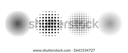Set of dotted circles with halftone effect. Collection of round shapes with polka dot pattern isolated on white background. Simple design elements. Vector graphic illustration.