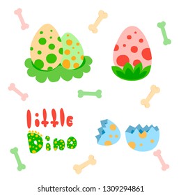 Set of Dotted Colored Easter Dinosaur Eggs. lettering - Little Dino. Vector illustration in flat design.