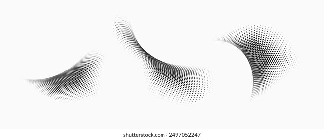 Set of dotted curved abstract shapes. Dotted pattern in halftone theme. Curved and twisted abstract gradients. Vector design element in black and white color.