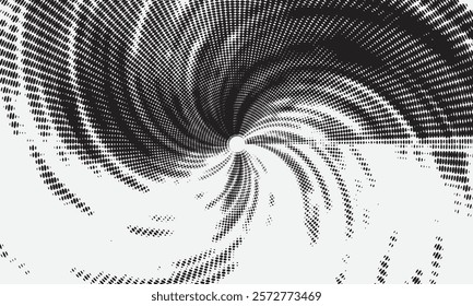 Set of dotted curved abstract shapes. Dotted pattern in halftone theme. Curved and twisted abstract gradients. Vector design element in black and white color.
