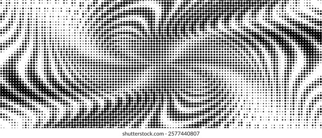 Set of dotted curved abstract shapes. Dotted pattern in halftone theme. Curved and twisted abstract gradients. Vector design element in black and white color.