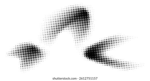 Set of dotted curved abstract shapes. Dotted pattern in halftone theme. Curved and twisted abstract gradients. Vector design element in black and white color.