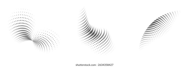 Set of dotted curved abstract shapes. Dotted pattern in halftone theme. Curved and twisted abstract gradients. Vector design element in black and white color.