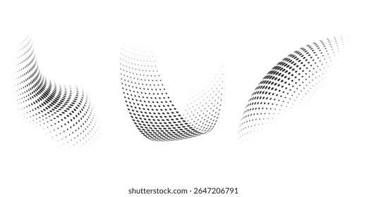 Set of dotted curved abstract shapes. Dotted pattern in halftone theme. Curved and twisted abstract gradients. Vector design element in black and white color.