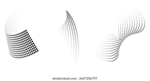 Conjunto de formas abstratas curvas pontilhadas. Padrão pontilhado no tema de meio-tom. Gradientes abstratos curvos e torcidos. Elemento de design de vetor em preto e branco.