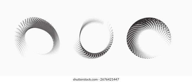 Satz von gepunkteten gekrümmten abstrakten Formen. Gestricheltes Muster in Halbtondesign. Gebogene und verdrehte abstrakte Farbverläufe. Vektordesign-Element in schwarz-weißer Farbe.