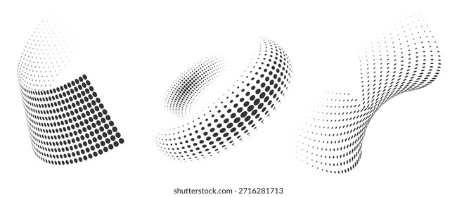 Conjunto de Formas abstractas curvas punteadas. Patrón punteado en tema de semitono. Gradientes abstractos curvos y retorcidos. Elemento de diseño de Vector en color blanco y negro.