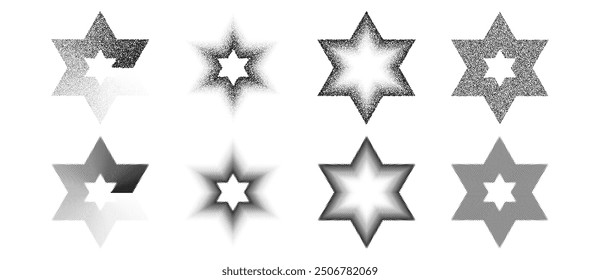 Set of dotted David star illustrations. Halftone dots and stipple different effect.