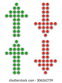 Set of dotted up and down arrows. Red and green arrows pointing upward, downward. Vector.