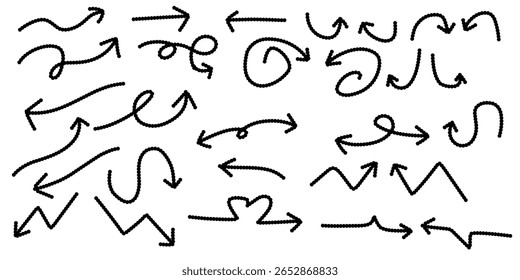Set of dotted drawn arrows with various curved, straight, and zigzag styles. Black doodle sketch on white background, isolated vector illustration.