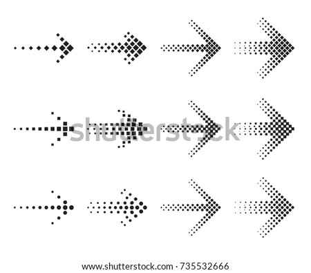 Set of dotted geometric arrows. Black points massif vector template. Array of circles, rhombus, squares, diamonds arrows shape. Four sizes of different futuric arrows vector clipart