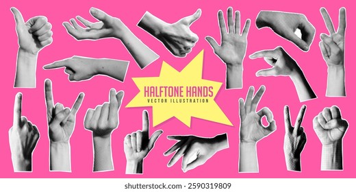 Set of dotted halftone hand gesture, finger pointing, touch, click or tap, comic magazine sticker, retro grunge newspaper cutout and contemporary y2k doodle pop art with torn paper. Woman hand symbol.