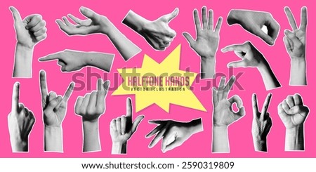 Set of dotted halftone hand gesture, finger pointing, touch, click or tap, comic magazine sticker, retro grunge newspaper cutout and contemporary y2k doodle pop art with torn paper. Woman hand symbol.