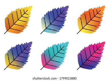 Set of dotted halftone multicolored birch leaves on white background. Vector illustration.