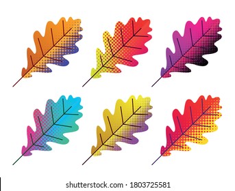 Set of dotted halftone multicolored oak leaves on white background. Vector illustration.