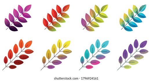Set of dotted halftone multicolored rowan leaves on white background. Vector illustration.