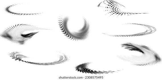 Set of dotted halftone rounded swirl frames with polka dots, beads, balls. Vector.