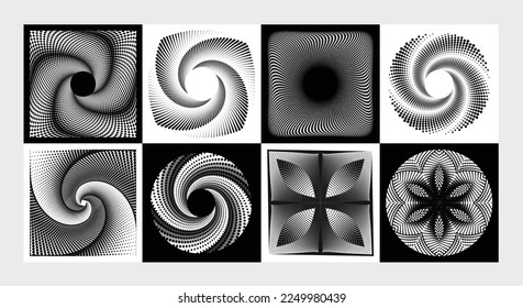 Set of dotted halftone in the square, round and spiral shapes Vector pop art illustration. no gradient