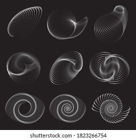 Conjunto de elementos de diseño espiral vectorial de semitono con puntos. Fondo de punto de apoyo