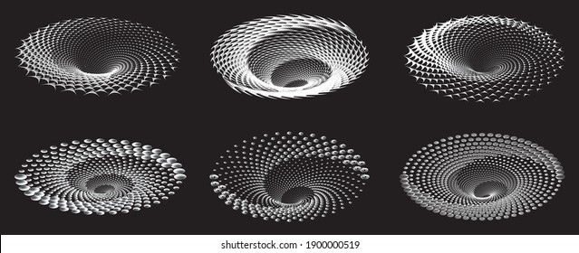 Set of Dotted Halftone Vector Spiral Color Patterns or Textures. Stipple Dot Backgrounds