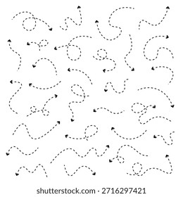 Set of dotted hand drawn arrows and cursors in various shapes and directions