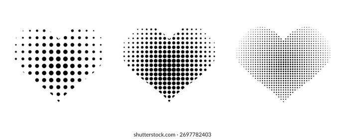 Set of dotted heart shapes. Collection of trendy romantic forms with halftone or grainy texture isolated on white background. Vector graphic illustrations.