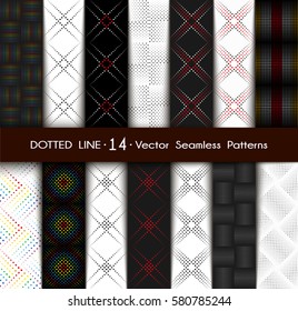 Set Dotted Line Geometric Seamless Pattern. Repeating Dotted Lines. Dots of the Different Size.  Points Rainbow Colors. Vector Backdrop for Your Design. Texture Pattern Swatches Included in File.