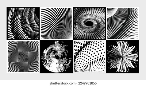 Un conjunto de líneas punteadas en formas geométricas, una ilustración vectorial abstracta exclusiva en blanco y negro en los cuerpos de círculos, cuadrados y espirales