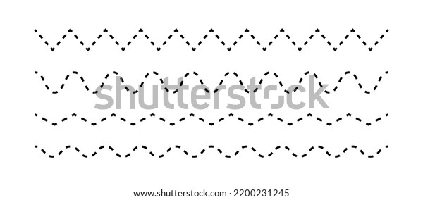 Set of dotted lines - waves and zigzags. Black
dotted line collection isolated on white background, sewing cutting
kit or school sign symbol for cursive notebooks, vector decorative
elements