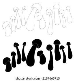 Set of dotted mushrooms vector simple illustration isolated on white background. Outline and silhouette hand drawn sketched version. Vector mycology. Natural healthy fungus, autumn design.