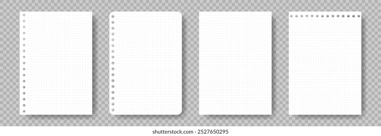 Set of Dotted Paper sheets for notepad sketchbook. Blank page with dots. Realistic White sheet for notes sketch. Blank notepaper with shadow isolated on transparent background