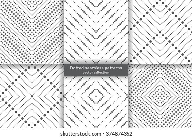 Set of dotted seamless patterns. Abstract lace background. Modern small dotted texture with regularly repeating geometrical shapes, small dots, dotted rhombus, diamond, zigzags.