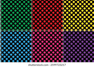 Set of Dotted seamless patterns with black, red, green, yellow, pink and blue colors for prints, fabrics, textile, clothing, wrapping paper, wallpaper, stationery and background. Repeat vector designs