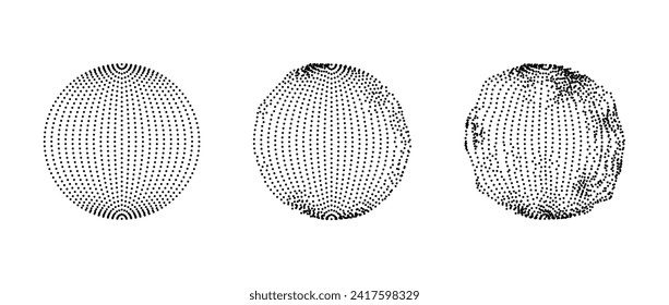 Set of dotted spheres with dissolve effect. Stippled disintegrating circle collection. Halftone texture balls with noise dotwork grain. Radial grunge particles. Dot sphere element bundle. Vector