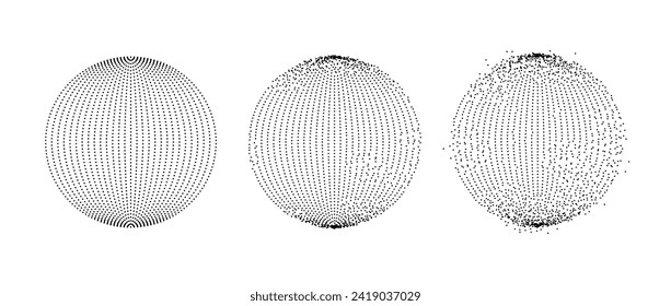 Set of dotted spheres with dissolve effect. Stipple disintegrating circle collection. Halftone textured balls with noise dot work grain. Radial grunge particles. Dot sphere element bundle. Vector pack