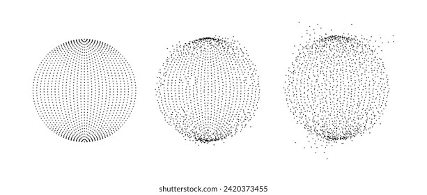 Set of dotted spheres with dissolve effect. Stipple disintegrating circle collection. Halftone textured balls with noise dot work grain. Radial grunge particles. Dot sphere bubble bundle. Vector pack