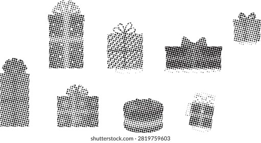 Set of dotted texture icons representing birthday gifts wrapped presents and decorative boxes for festive occasions.